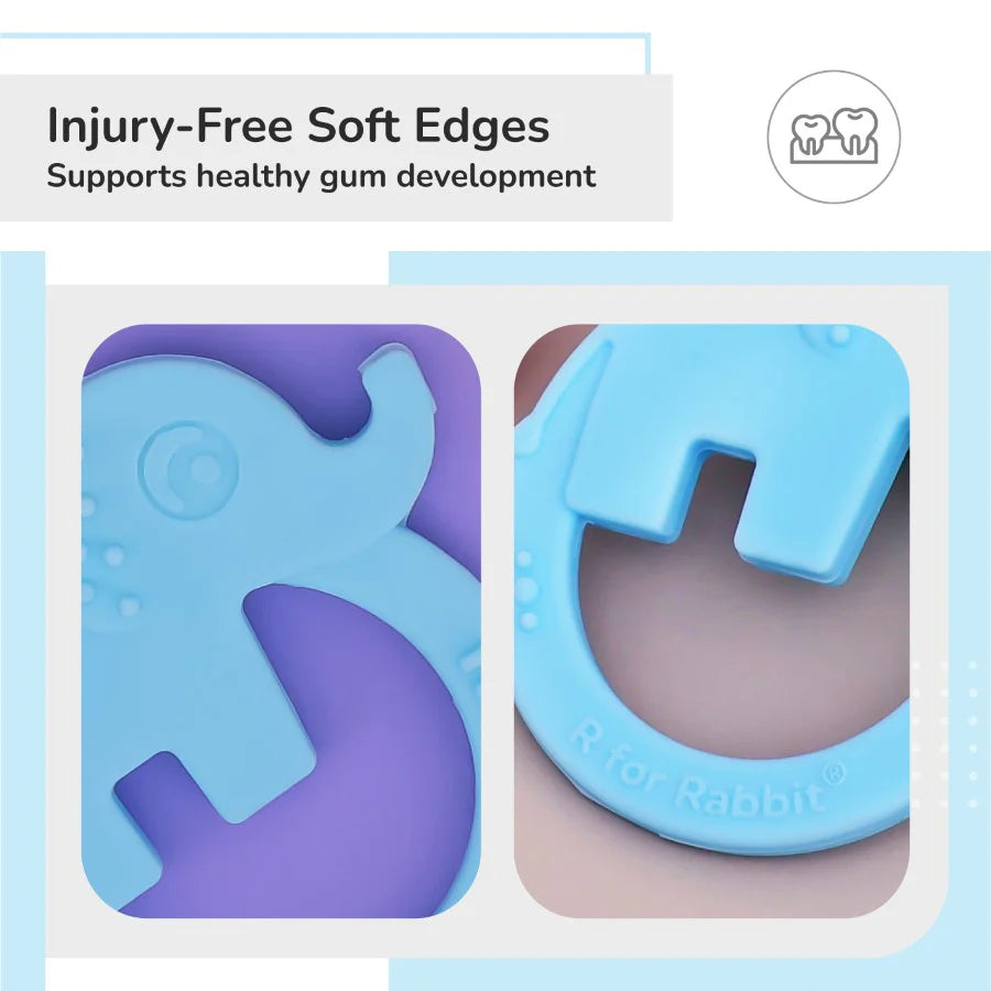 R For Rabbit Tiny Bites Zoobie Baby Silicone Teethers Pack of 1 Crocodile, Rabbit, and Elephant, Blue