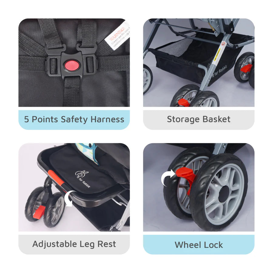 R For Rabbit Lollipop Lite Stroller - Travel Friendly, Easy To Fold, Reversible Handle, Wheel Lock, Adjustable Leg Rest, Blue Abstract