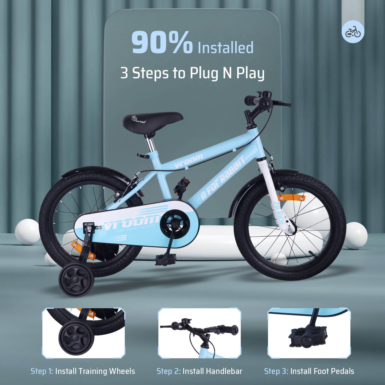 R for Rabbit Vroom Bicycle For Kids 20 Inch With 90% Plug And Play For Ease Of Installation, Wide Training Wheels, Adjustable Seat, 7-10yrs, Upto 50kgs Lake Blue