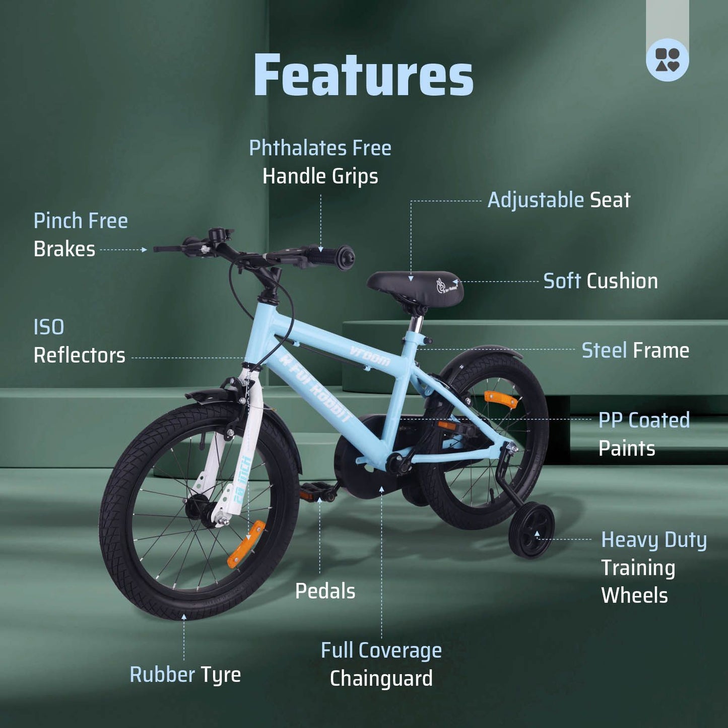 R for Rabbit Vroom Bicycle For Kids 20 Inch With 90% Plug And Play For Ease Of Installation, Wide Training Wheels, Adjustable Seat, 7-10yrs, Upto 50kgs Lake Blue
