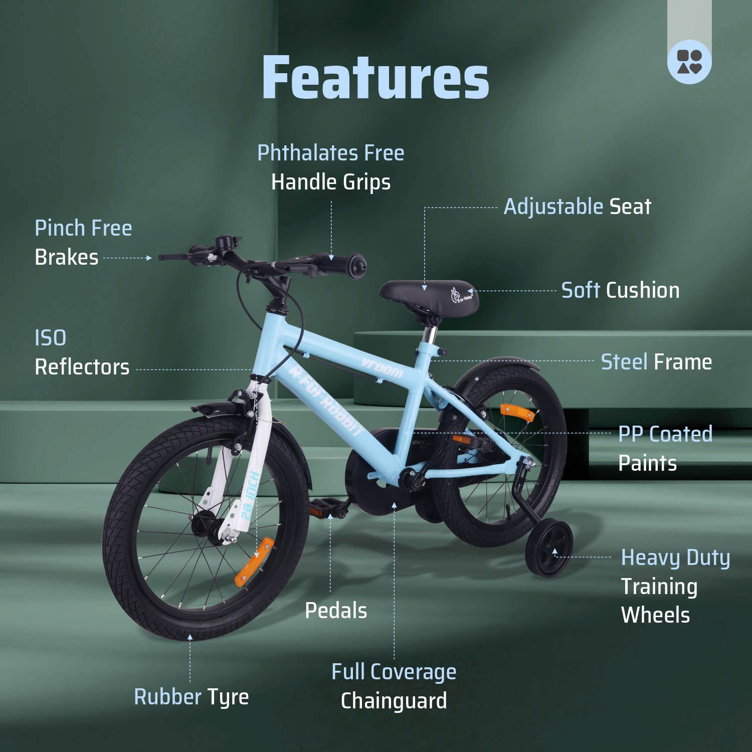 R for Rabbit Vroom Bicycle For Kids 20 Inch With 90% Plug And Play For Ease Of Installation, Wide Training Wheels, Adjustable Seat, 7-10yrs, Upto 50kgs Lake Blue