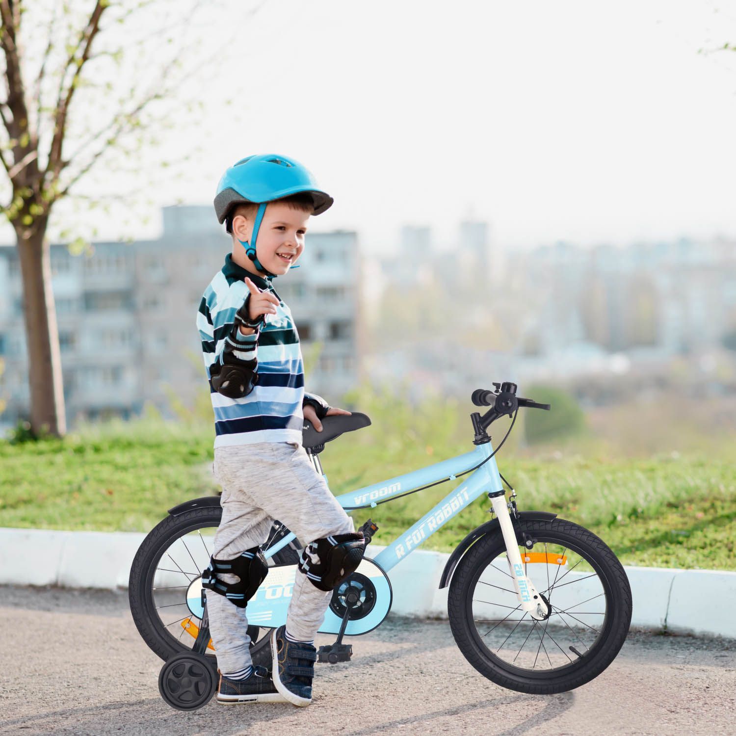 R for Rabbit Vroom Bicycle For Kids 20 Inch With 90% Plug And Play For Ease Of Installation, Wide Training Wheels, Adjustable Seat, 7-10yrs, Upto 50kgs Lake Blue