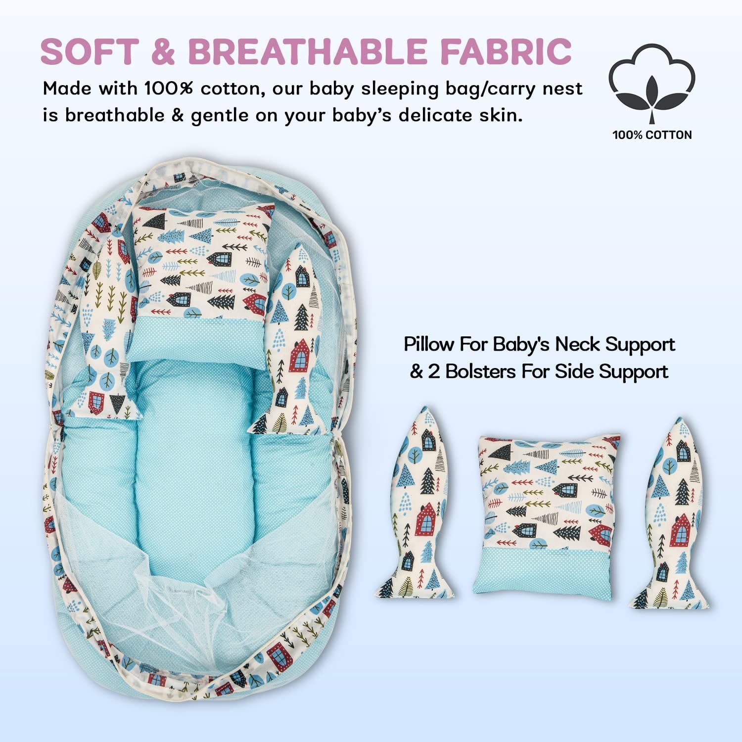 Baybee Baby Bedding Set for New Born Baby, Bed Mattress with Mosquito Net, Neck Pillow & 2 Bolsters Sleeping Nest Travel Bed for Baby Infant Toddler Bed Set for Baby Boy Girl 0-6 Months Blue