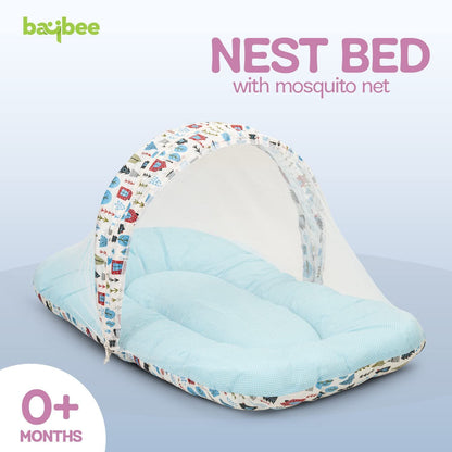 Baybee Baby Bedding Set for New Born Baby, Bed Mattress with Mosquito Net, Neck Pillow & 2 Bolsters Sleeping Nest Travel Bed for Baby Infant Toddler Bed Set for Baby Boy Girl 0-6 Months Blue