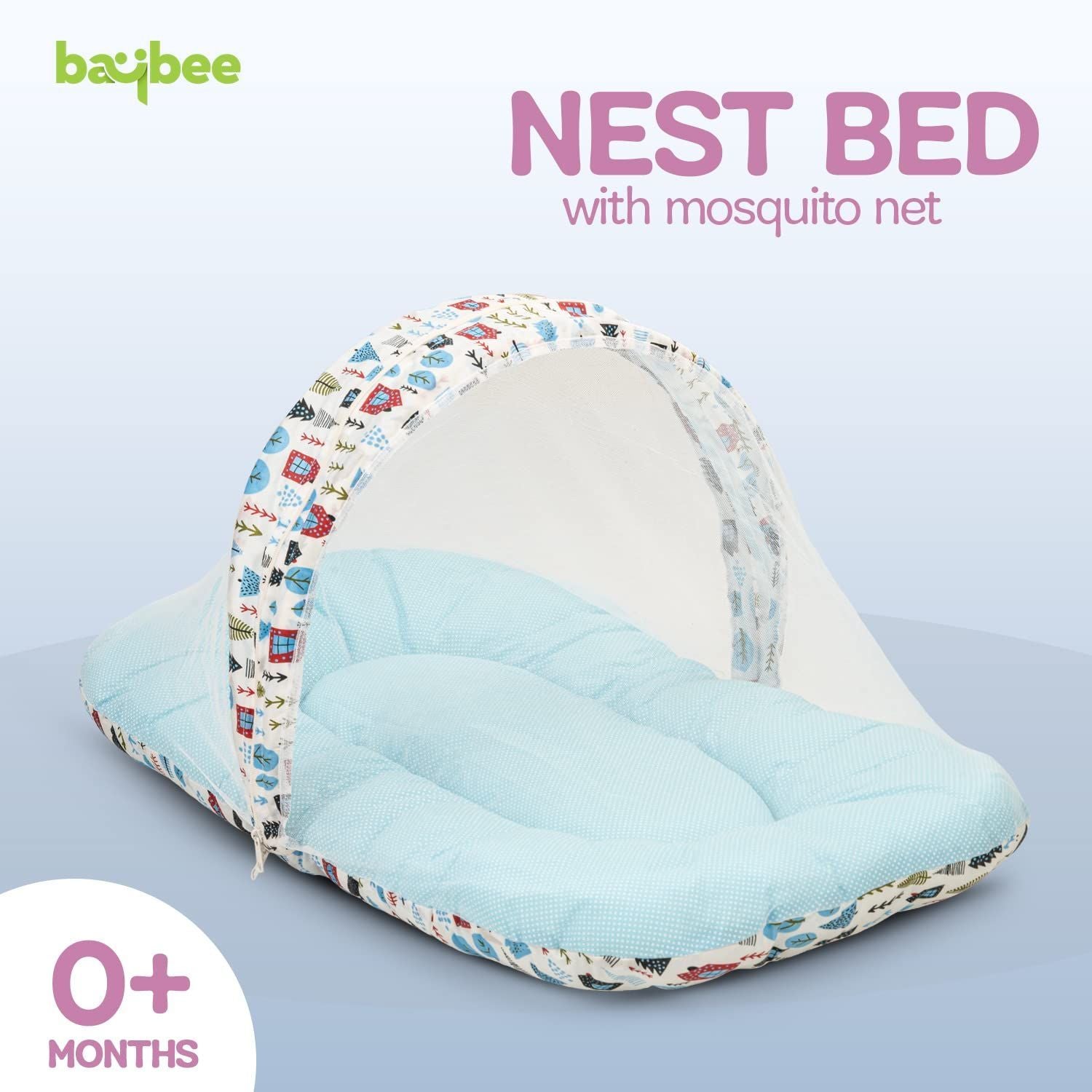 Baybee Baby Bedding Set for New Born Baby, Bed Mattress with Mosquito Net, Neck Pillow & 2 Bolsters Sleeping Nest Travel Bed for Baby Infant Toddler Bed Set for Baby Boy Girl 0-6 Months Blue