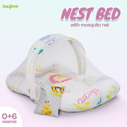 Baybee Baby Bedding Set for New Born Baby, Bed Mattress with Mosquito Net & Neck Pillow, Sleeping Nest Travel Bed for Baby, Infant Toddler Bed Set Gifts for Baby Boy Girl 0-6 Months (Grey)