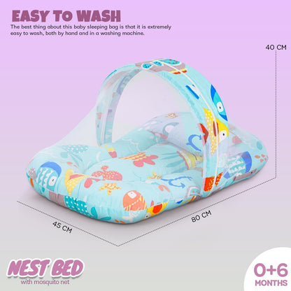 Baybee Baby Bedding Set for New Born Baby, Bed Mattress with Mosquito Net & Neck Pillow, Sleeping Nest Travel Bed for Baby, Infant Toddler Bed Set Gifts for Baby Boy Girl 0-6 Months (Light Green)