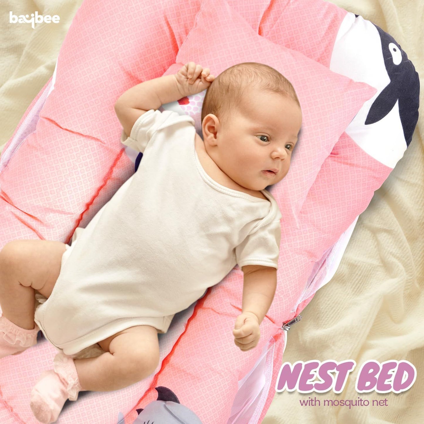 Baybee Cotton Baby Bedding Set For New Born Baby,Bed Mattress With Mosquito Net&Neck Throw Pillow,Sleeping Nest Travel Bed For Baby,Bed Set Gifts For Baby Boy Girl 0-6 Months (Orange),100 TC
