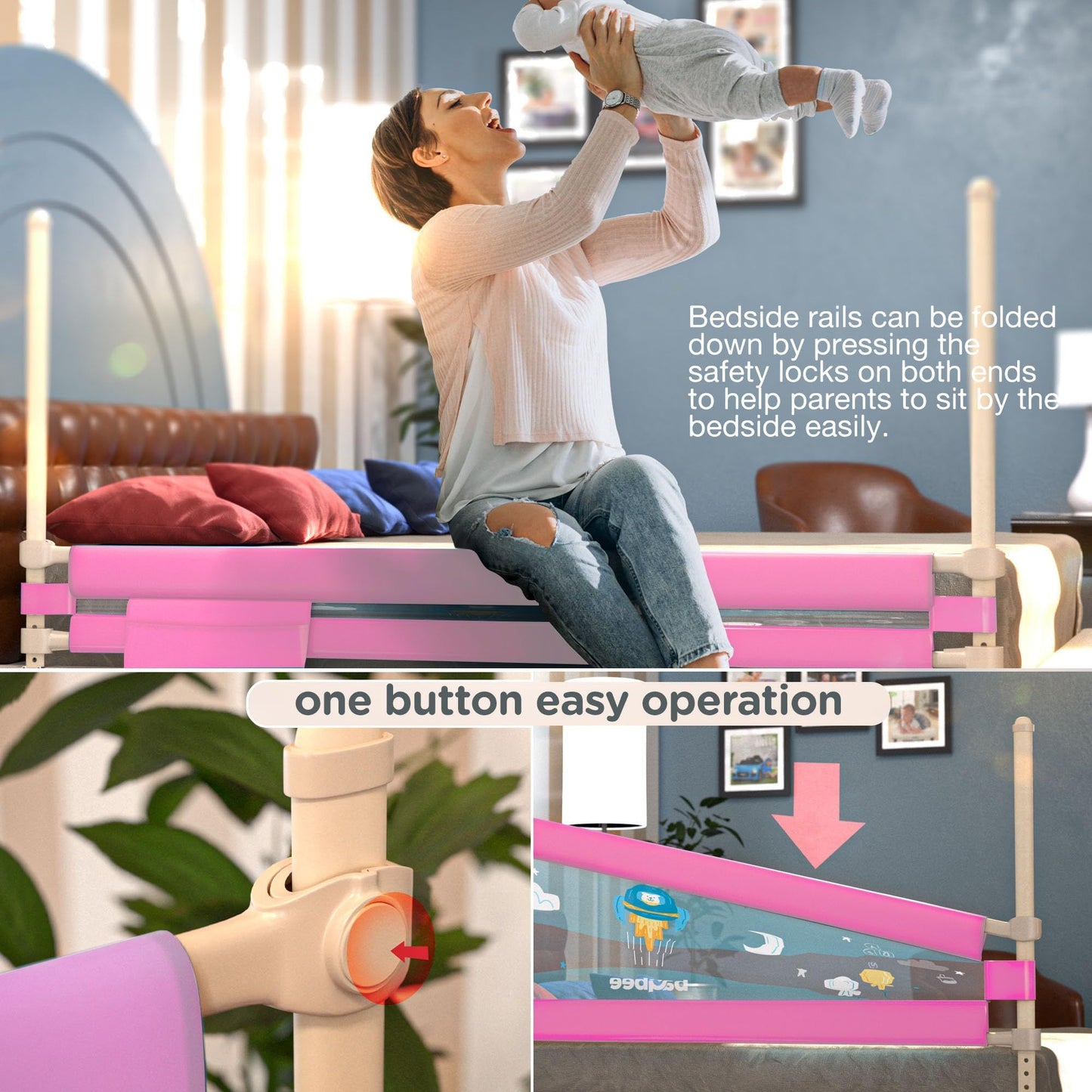 BAYBEE Baby Bed Rails Guard Barrier for Baby Kids Safety -  Foldable Bed Rail Falling Protector Fence with 7 Adjustable Height (150x63 cm -Pink ) - (Color & Design May Vary)