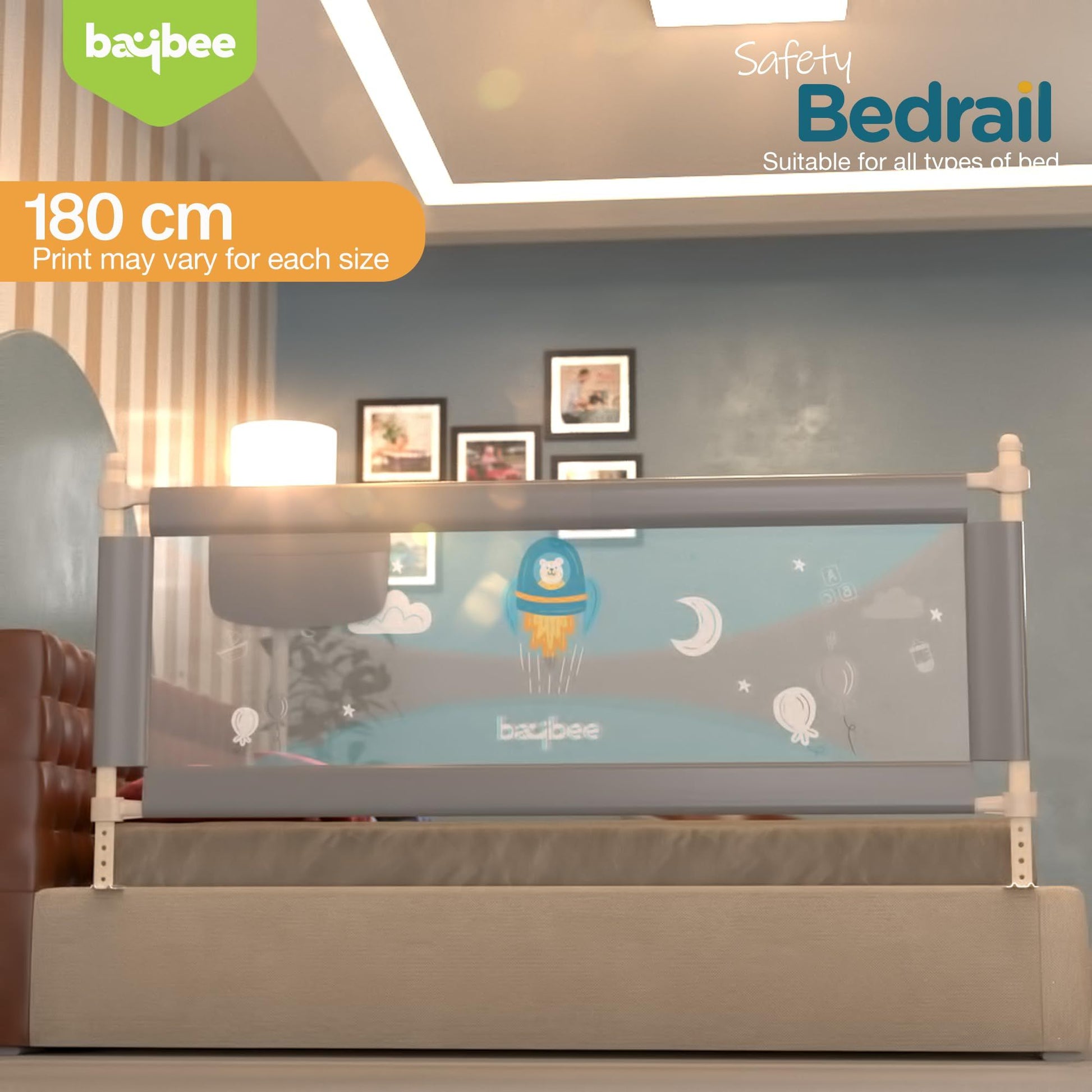 BAYBEE Baby Bed Rails Guard Barrier for Baby Kids Safety -  Foldable Bed Rail Falling Protector Fence with 7 Adjustable Height (180x63 cm -  Grey) - (Color & Design May Vary)