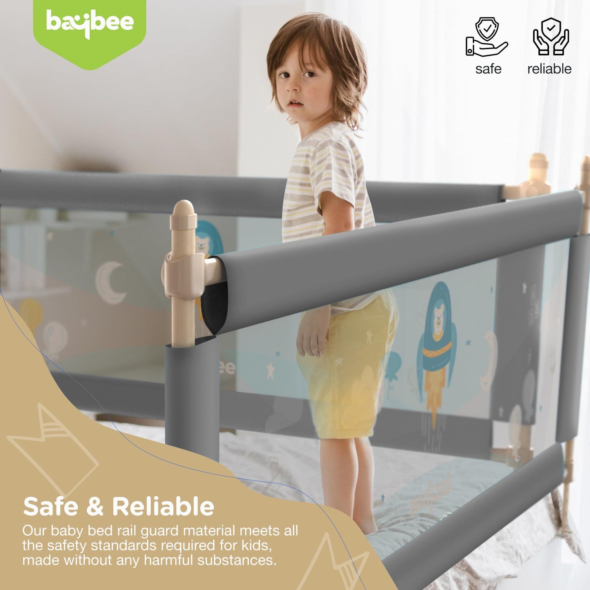 BAYBEE Baby Bed Rails Guard Barrier for Baby Kids Safety -  Foldable Bed Rail Falling Protector Fence with 7 Adjustable Height (180x63 cm -  Grey) - (Color & Design May Vary)