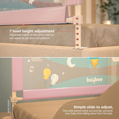 BAYBEE Baby Bed Rails Guard Barrier for Baby Kids Safety -  Foldable Bed Rail Falling Protector Fence with 7 Adjustable Height (180x63 cm -  Pink) - (Color & Design May Vary)