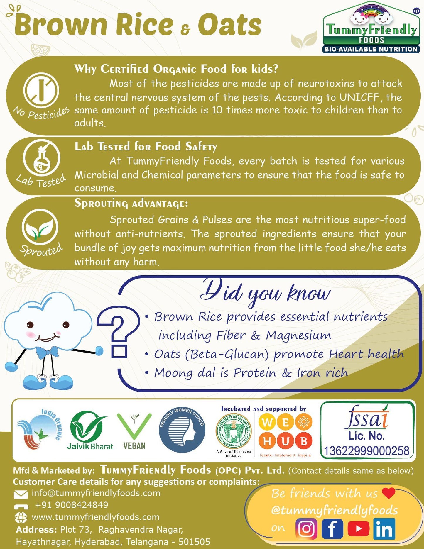 Tummy Friendly Foods Organic Brown Rice, Oats Khichdi Mix for Toddler, 1 year plus Cereal (200 g)