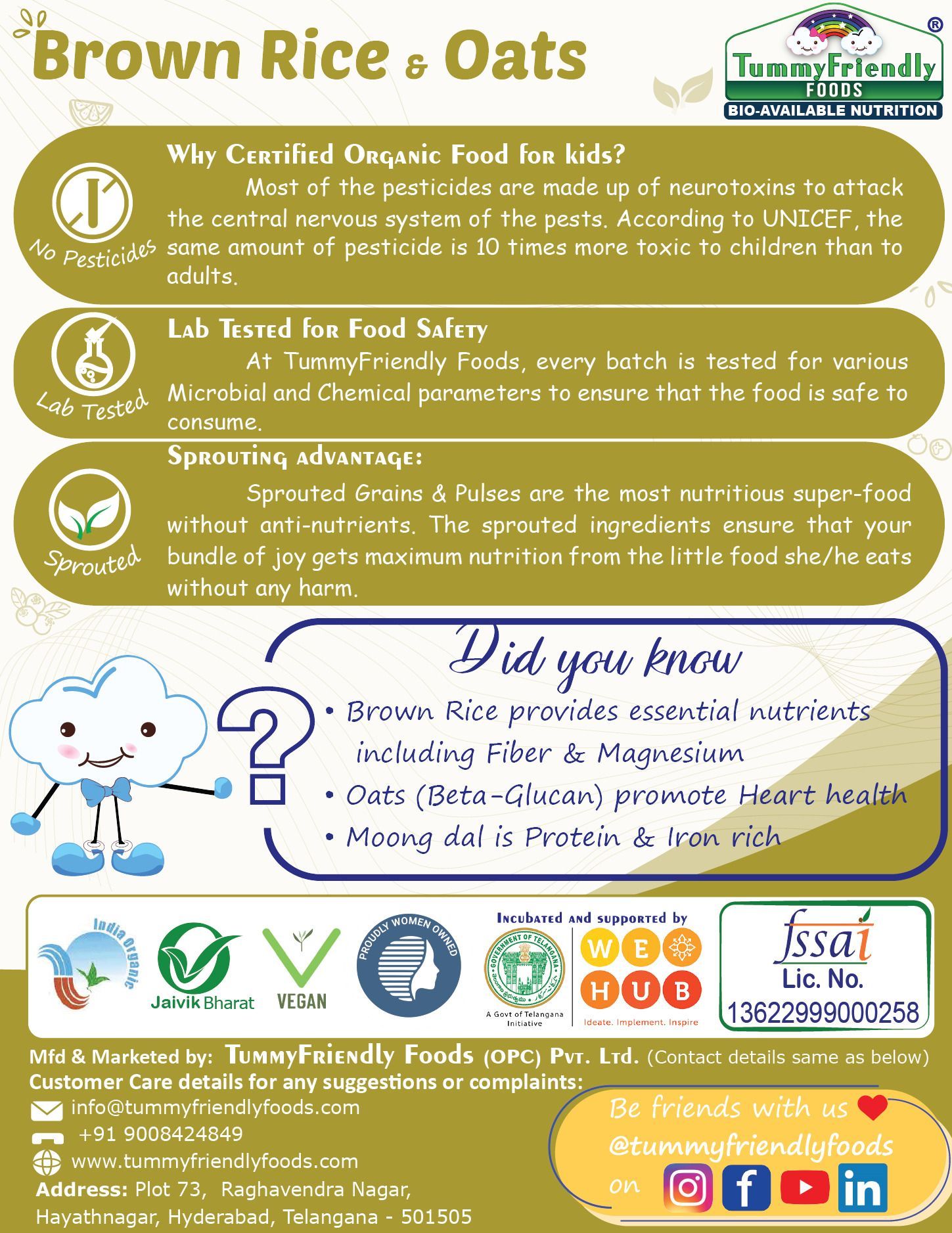 Tummy Friendly Foods Organic Brown Rice, Oats Khichdi Mix for Toddler, 1 year plus Cereal (200 g)