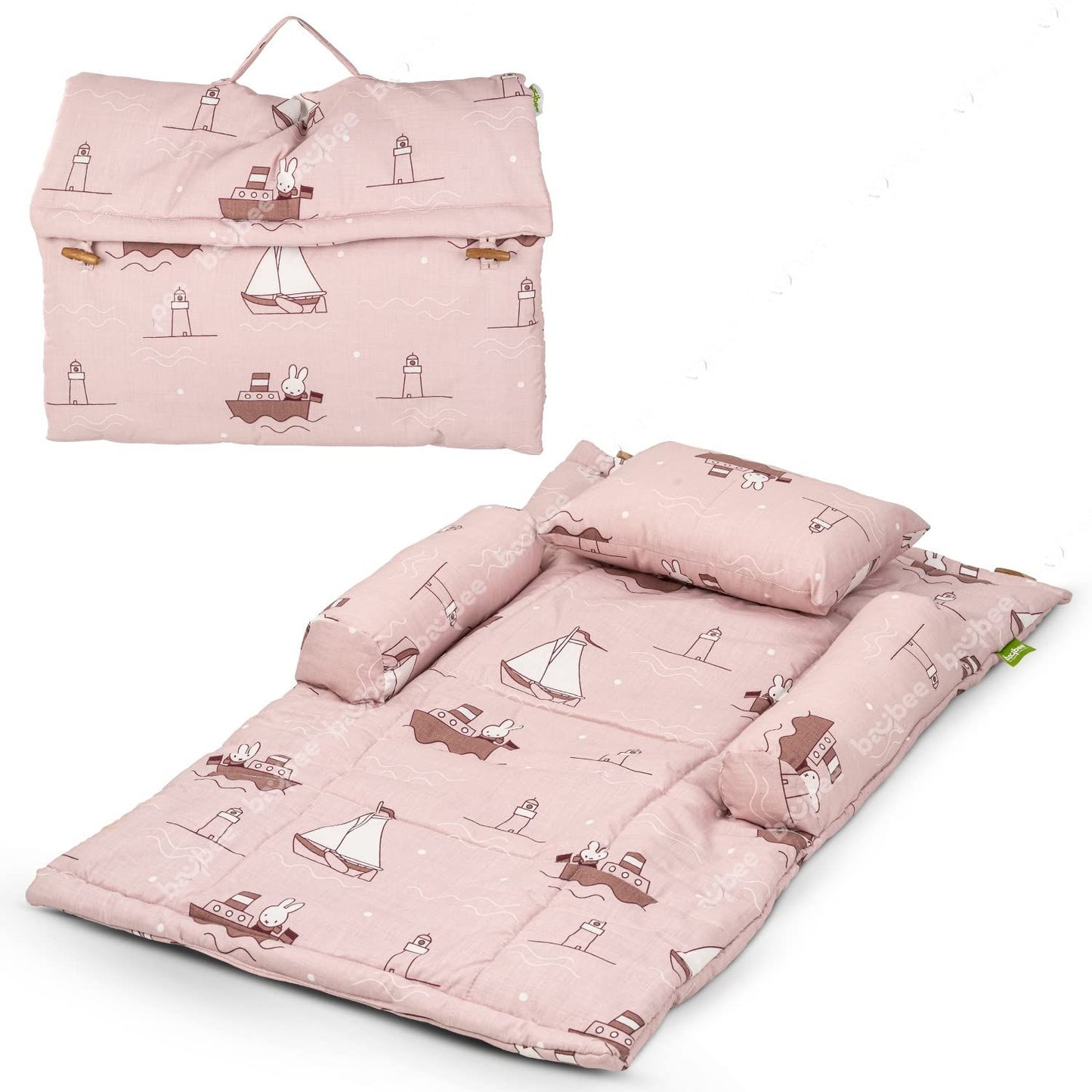 Baybee Thick New Born Baby Bedding Mattress/Gadda bed Set for Babies with 2 Side Bolster & Head Pillow | Baby Sleeping Bed for 0 to 6 months | 4 Pcs Printed baby Bedding Set for Boys Girls (Pink)