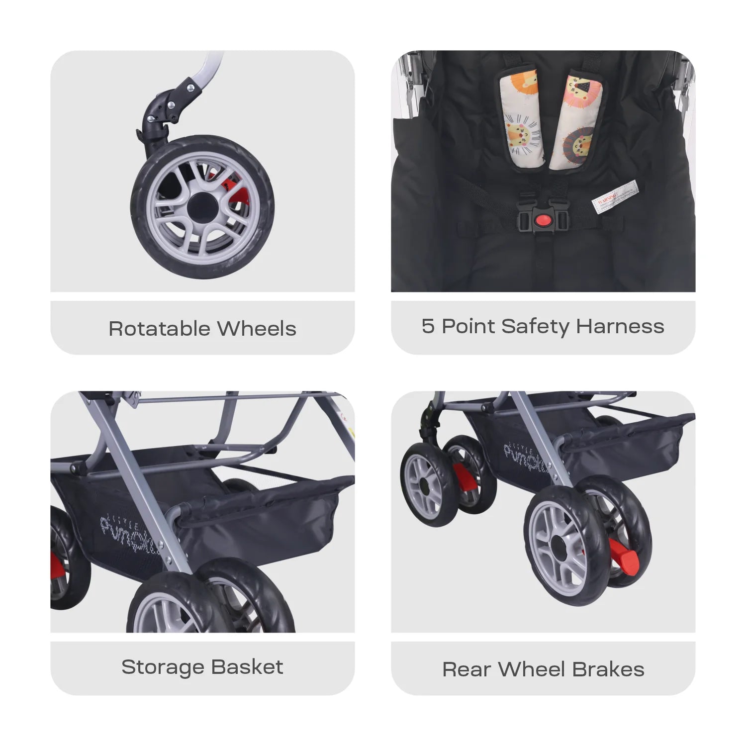 R for Rabbit Kiddie Kingdom Stroller - 3 Position Recline, Easy Fold, Reversible Handle, Rear Wheel Brakes Black Safari
