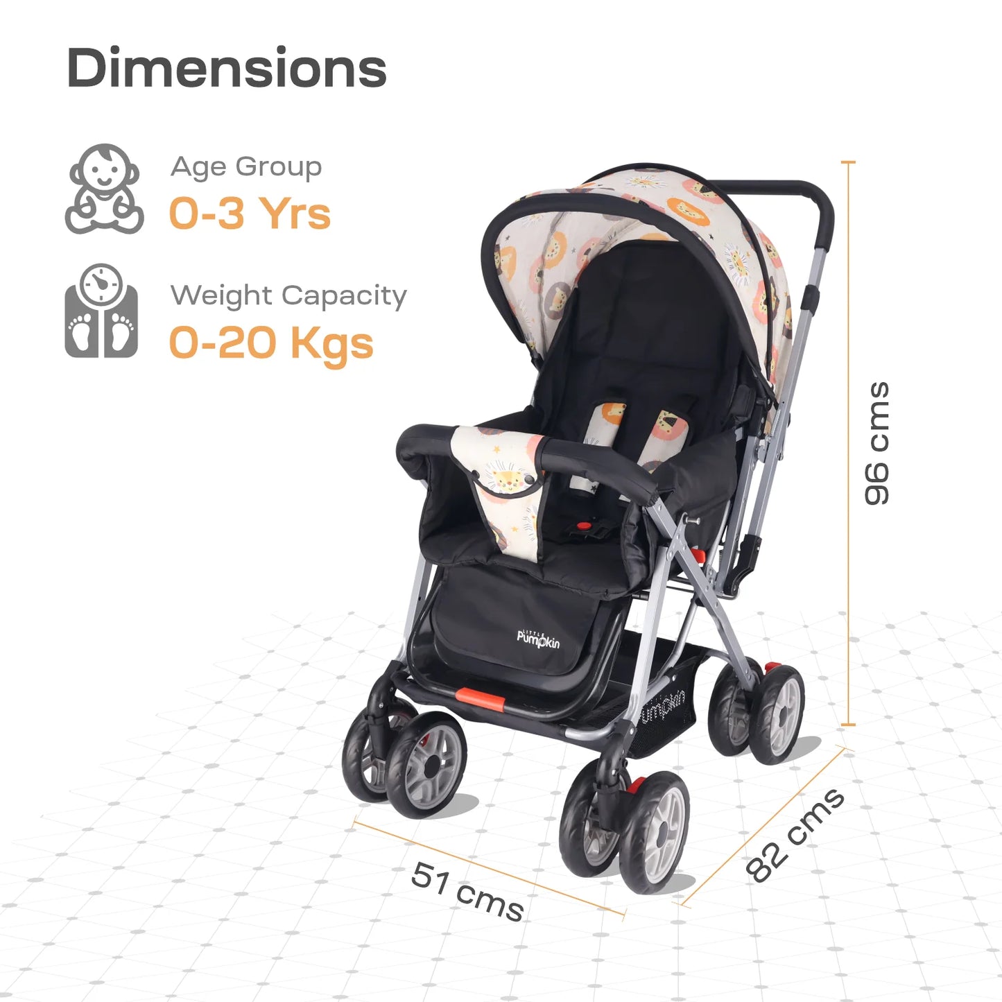 R for Rabbit Kiddie Kingdom Stroller - 3 Position Recline, Easy Fold, Reversible Handle, Rear Wheel Brakes Black Safari