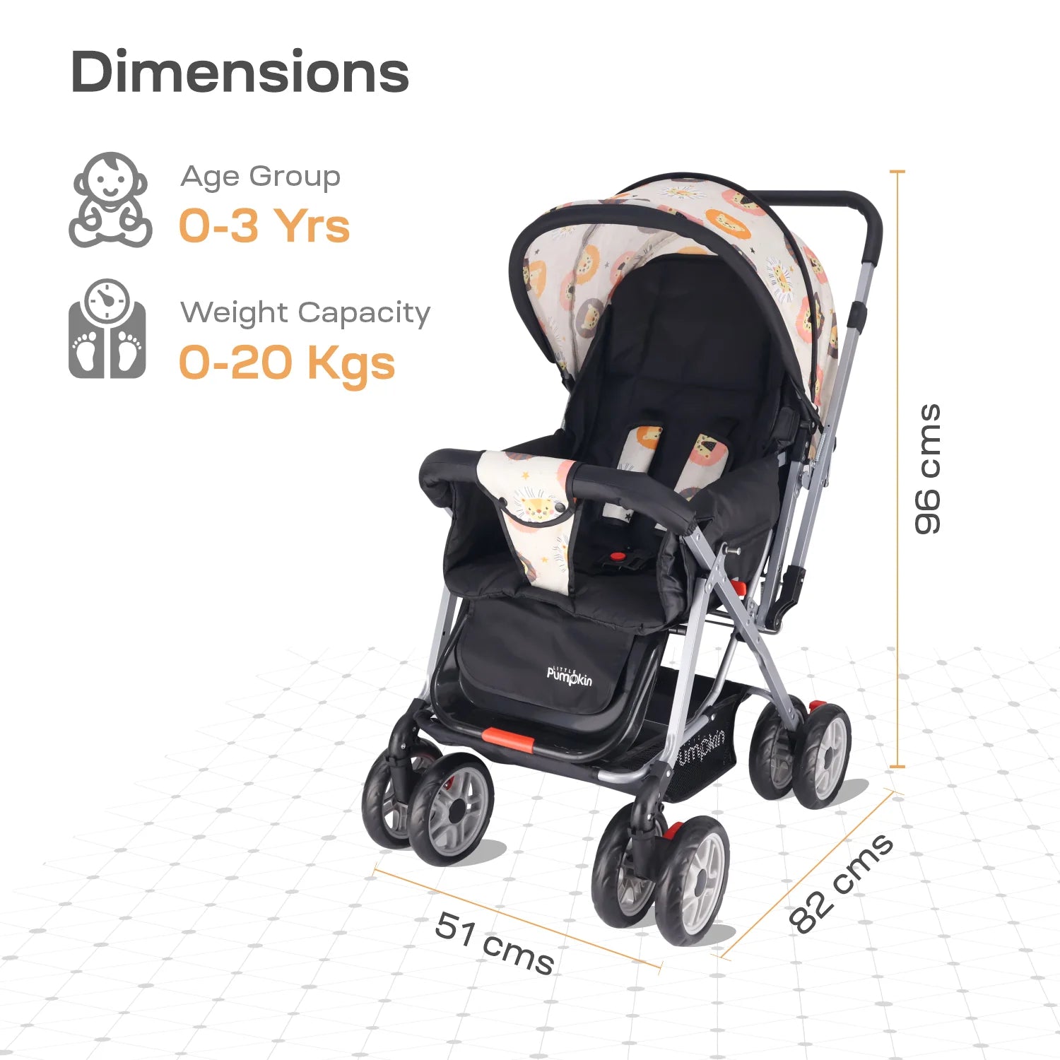 R for Rabbit Kiddie Kingdom Stroller - 3 Position Recline, Easy Fold, Reversible Handle, Rear Wheel Brakes Black Safari
