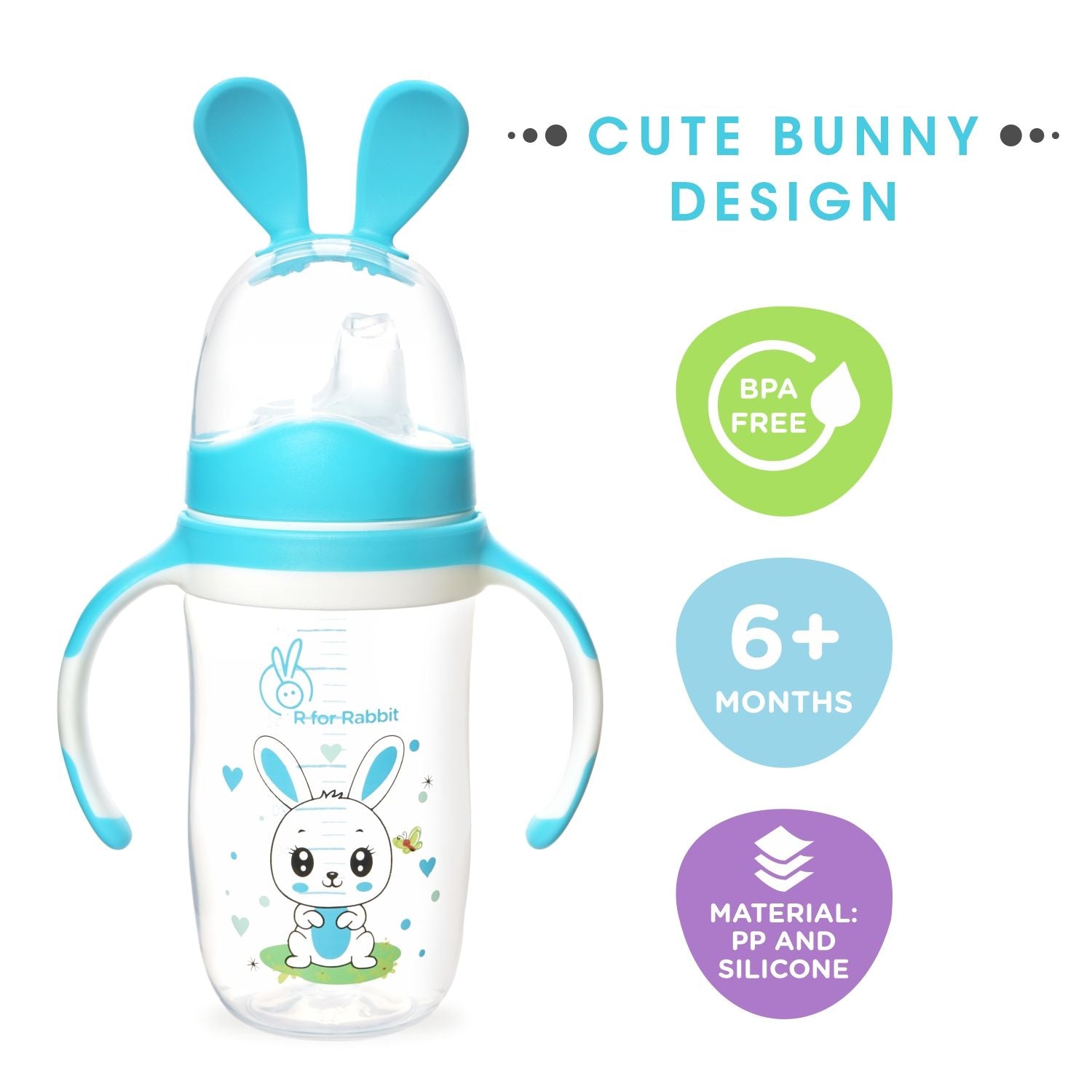 R for Rabbit Bunny Baby Spout Sippy Cup 240ML With Soft Silicon Spout For Baby 6 Months+ Blue