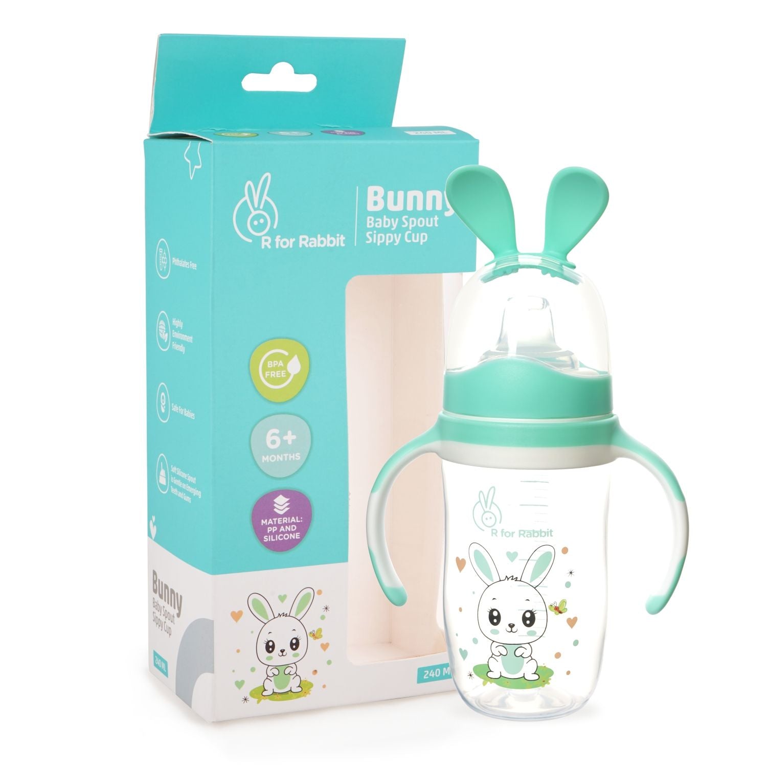 R for Rabbit Bunny Baby Spout Sippy Cup 240ML With Soft Silicon Spout For Baby 6 Months+ Green