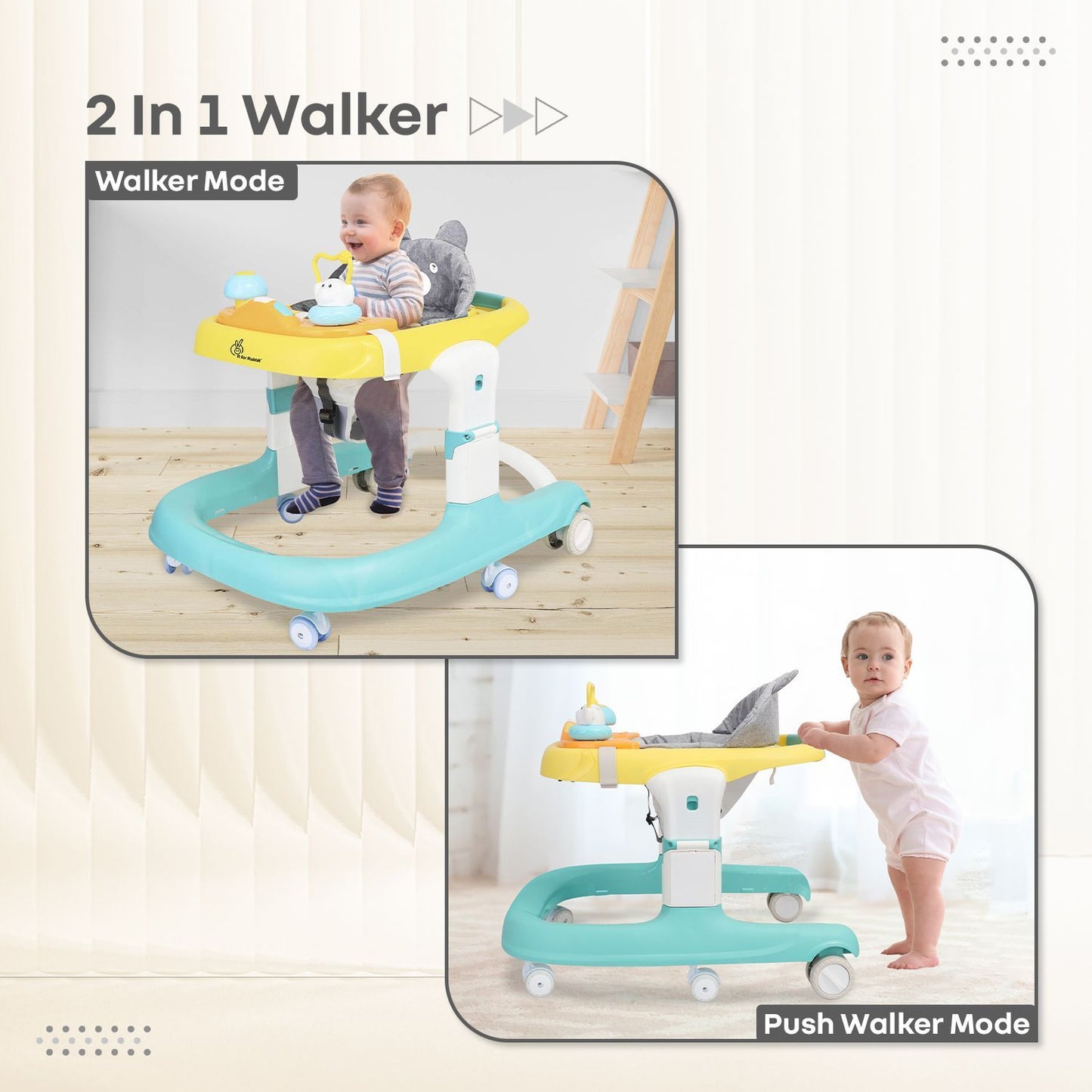 R for Rabbit Little Feet Sportz Baby Walker 2-In-1 Walker Turn Push Walker With Detachable Toy Bar With Meal Tray Green Yellow