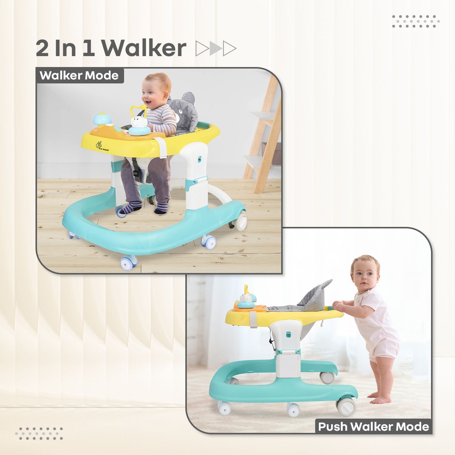 R for Rabbit Little Feet Sportz Baby Walker 2-In-1 Walker Turn Push Walker With Detachable Toy Bar With Meal Tray Green Yellow