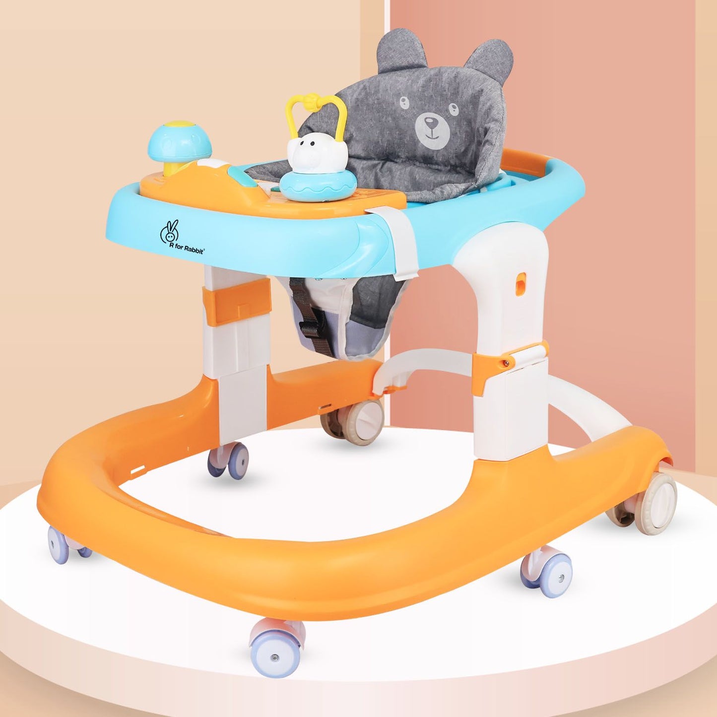 R for Rabbit Little Feet Sportz Baby Walker 2-In-1 Walker Turn Push Walker With Detachable Toy Bar With Meal Tray Orange Blue