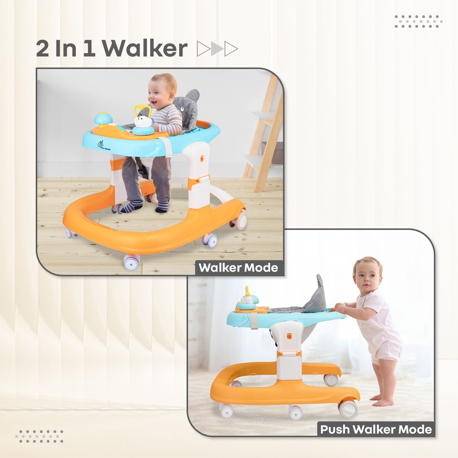 R for Rabbit Little Feet Sportz Baby Walker 2-In-1 Walker Turn Push Walker With Detachable Toy Bar With Meal Tray Orange Blue