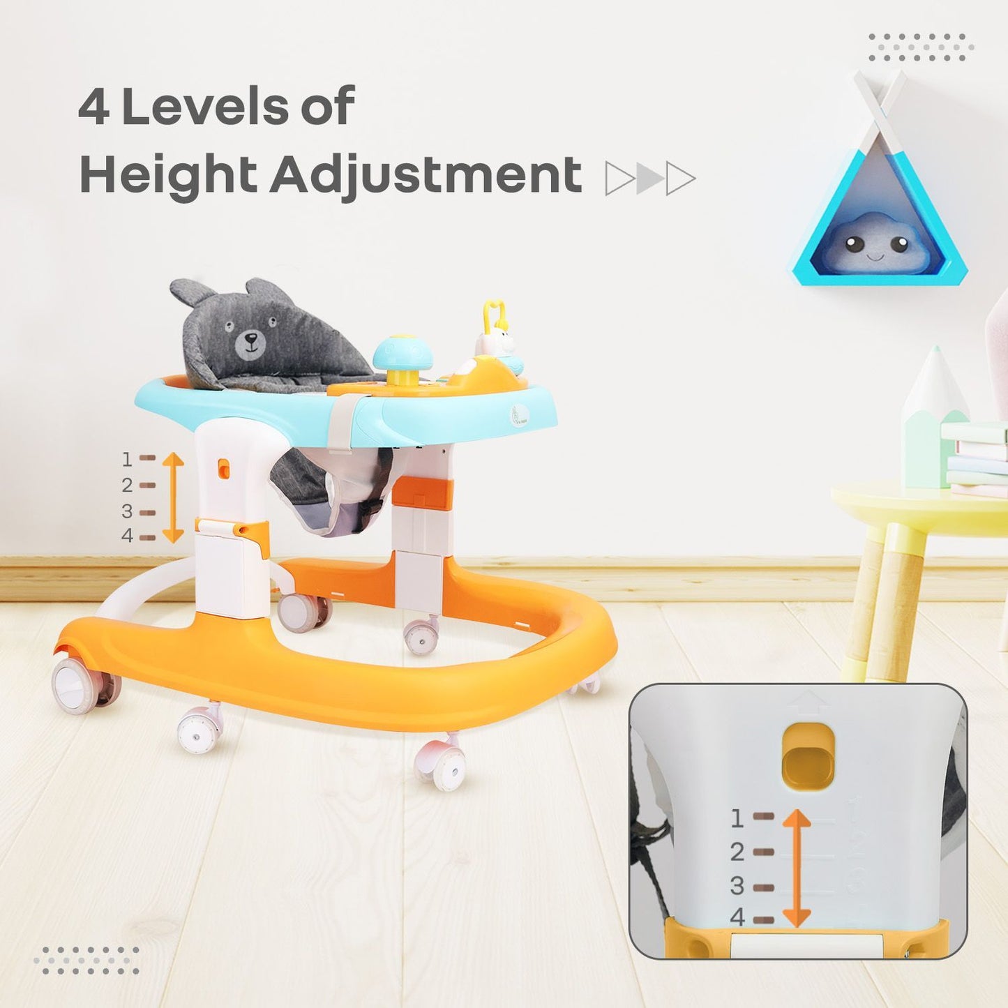 R for Rabbit Little Feet Sportz Baby Walker 2-In-1 Walker Turn Push Walker With Detachable Toy Bar With Meal Tray Orange Blue