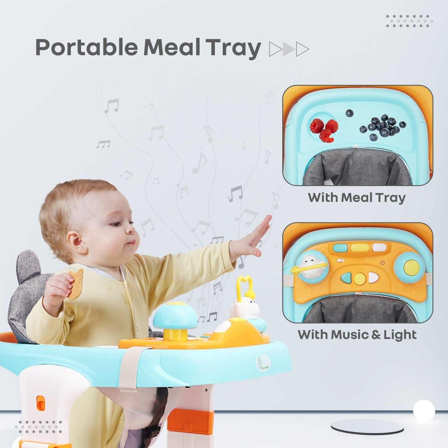R for Rabbit Little Feet Sportz Baby Walker 2-In-1 Walker Turn Push Walker With Detachable Toy Bar With Meal Tray Orange Blue