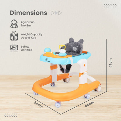 R for Rabbit Little Feet Sportz Baby Walker 2-In-1 Walker Turn Push Walker With Detachable Toy Bar With Meal Tray Orange Blue