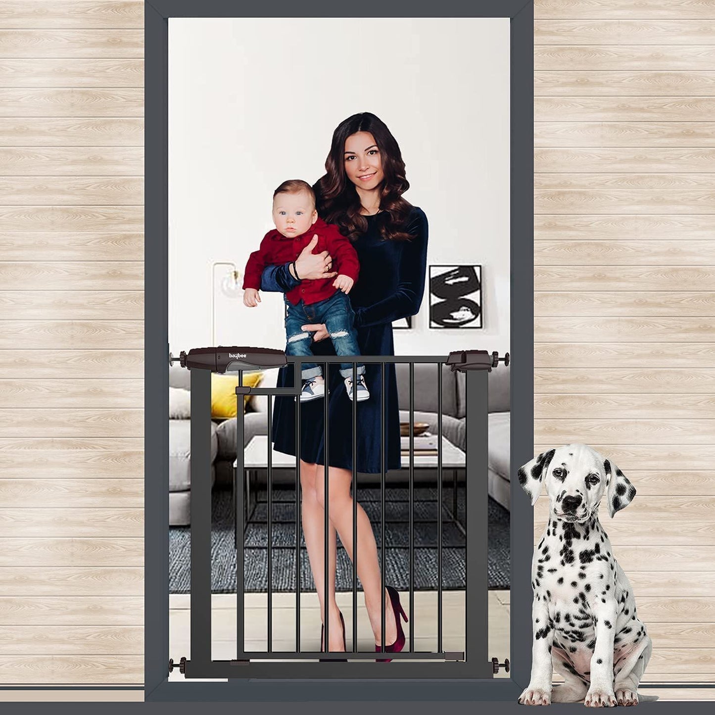 Baybee Auto Close Safety Gate Extension Toddlers Gate for Stairs Easy Install Pressure/Hardware Mounted Dog Fence for House Auto Closed Walk-Thru Pet Gate for Doorways | Black (75-85+10 cm)