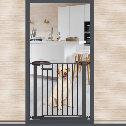 Baybee Auto Close Safety Gate Extension Toddlers Gate for Stairs Easy Install Pressure/Hardware Mounted Dog Fence for House Auto Closed Walk-Thru Pet Gate for Doorways | Black (75-85+10 cm)