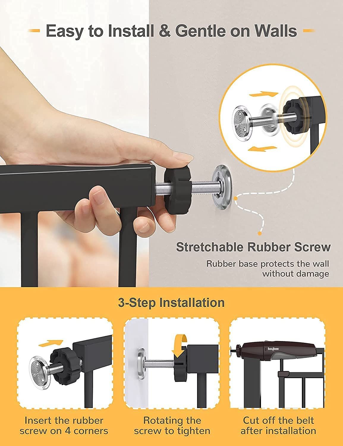 Baybee Auto Close Safety Gate Extension Toddlers Gate for Stairs Easy Install Pressure/Hardware Mounted Dog Fence for House Auto Closed Walk-Thru Pet Gate for Doorways | Black (75-85+10 cm)