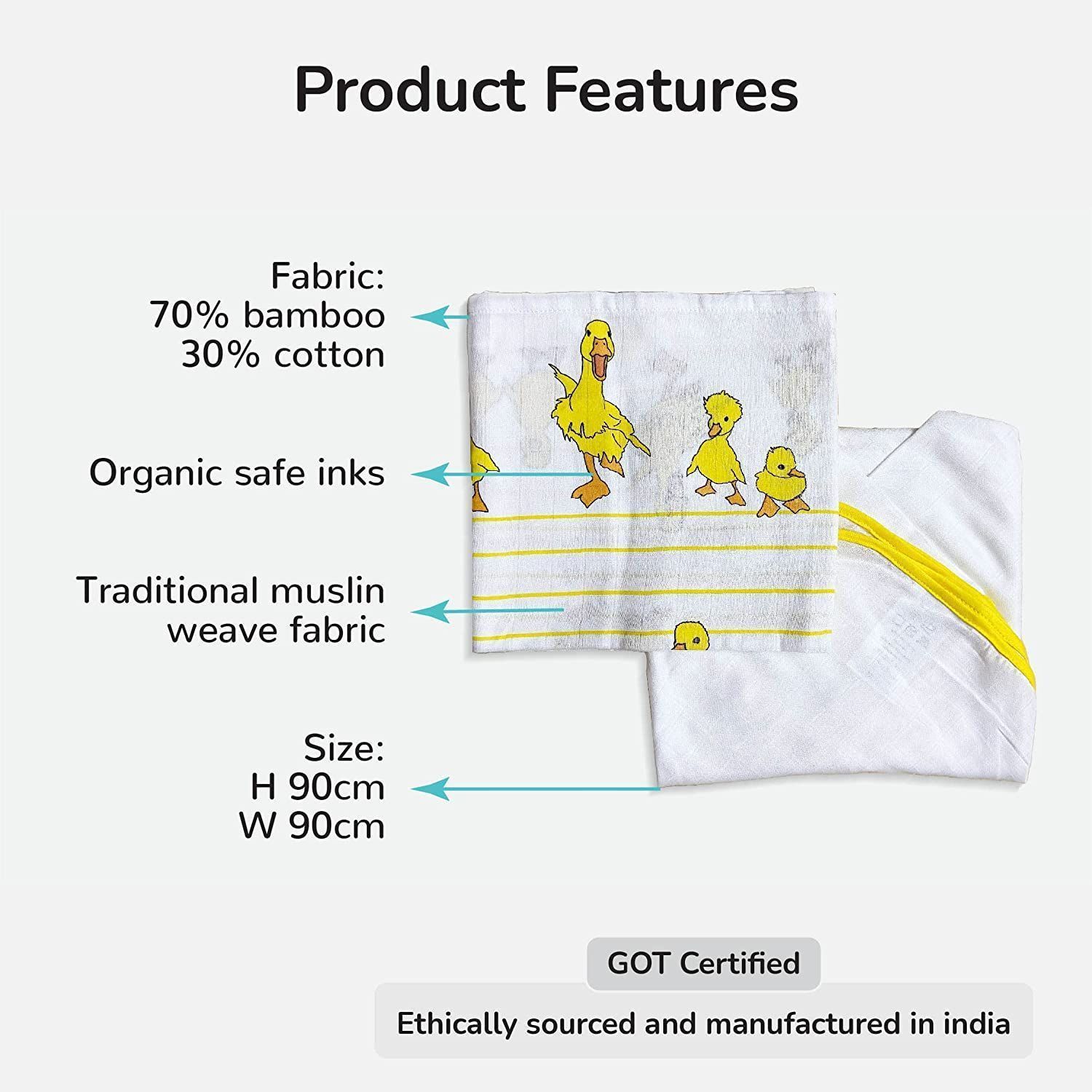 TinyLane 100% Organic Bamboo Cotton Muslin Baby Swaddle Wrappers Duck & Classic White Print Pack of 2 - Multicolor