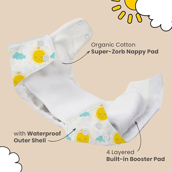 Mother Sparsh Plant Powered Cloth Diaper for Babies-Free Size | Medical Grade Fabric with 100% Organic Cotton | Reusable 13 Layer Breathable Soaker with Built-in Booster Pad | (Comfy Cuddles)