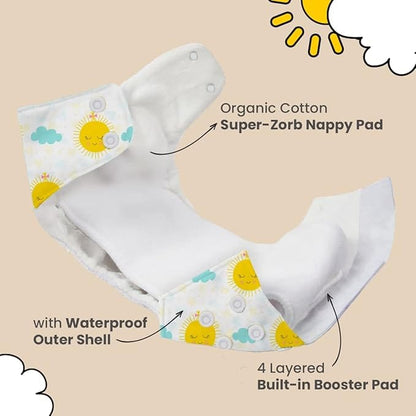 Mother Sparsh Plant Powered Cloth Diaper for Babies-Free Size | Medical Grade Fabric with 100% Organic Cotton | Reusable 13 Layer Breathable Soaker with Built-in Booster Pad | (Comfy Cuddles)