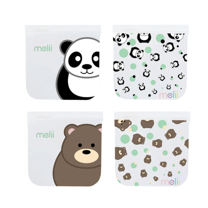 Melii EVA Reusable Snack Bags 4 Piece set, (2 Panda and 2 Bear)