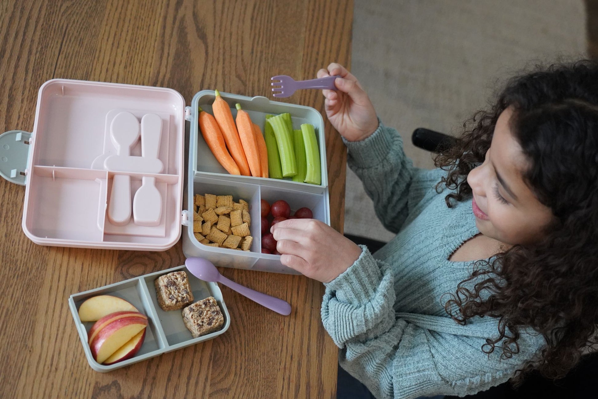 melii 2 Tier Bento 6 Compartment Lunch Box with Spoon & Fork, Pink Purple Grey
