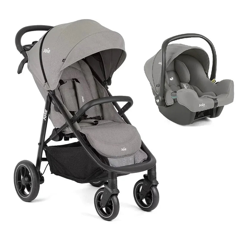 Joie Litetrax 4 Travel System - 3-in-1 Pram with Infant Carrier, Car Seat & Carry Cot Compatibility, All-Wheel Suspension, One-Touch Braking, and Adjustable Comfort Features for birth to 15 kg, Pebble