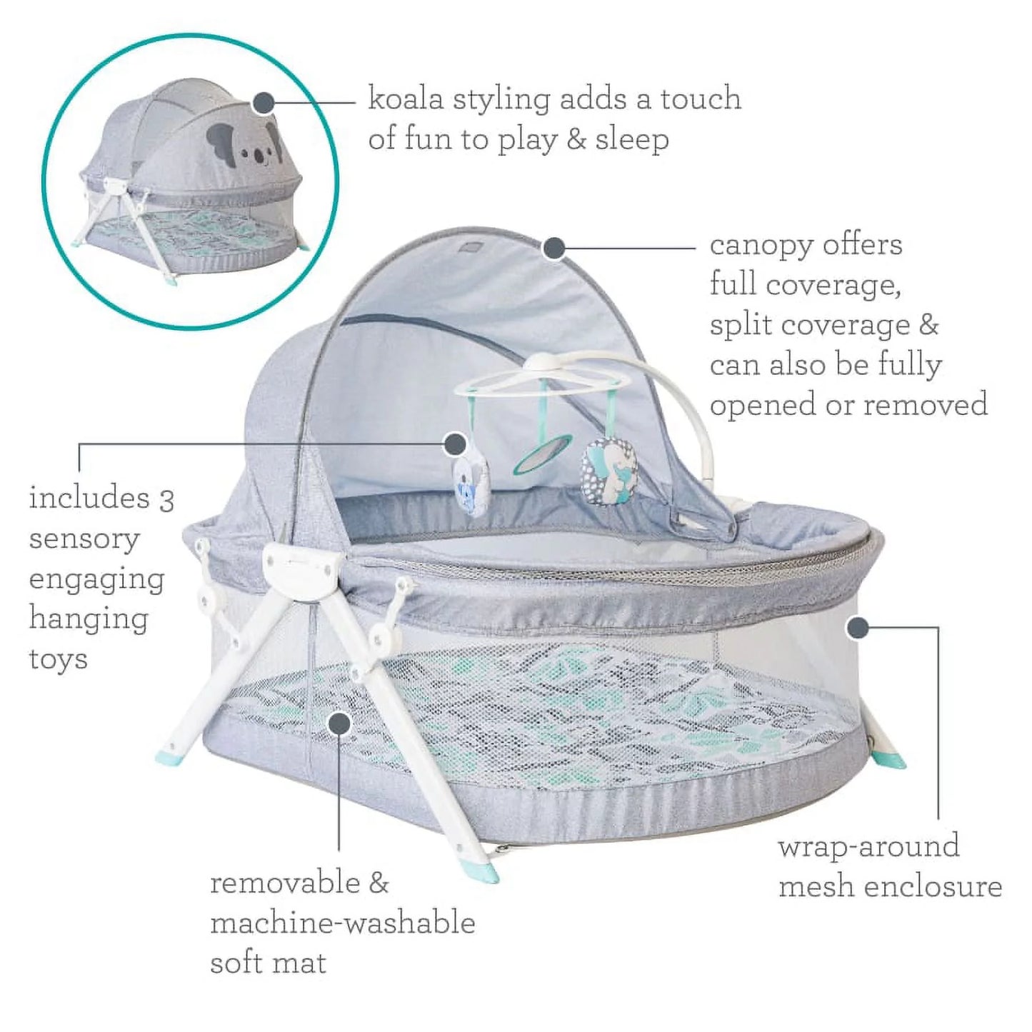 Infantino Sweet Dreams Fold & Go Bedside Bassinet, Lightweight Portable Baby Sleeping Bed, Quick Fold and Easy to Carry, Adjustable Canopy, Indoor and Outdoor Crib for Bebies