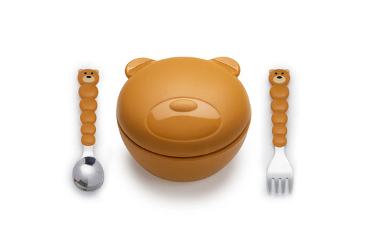 melii Silicone Bowl with Lid & Utensils - Bear Brown