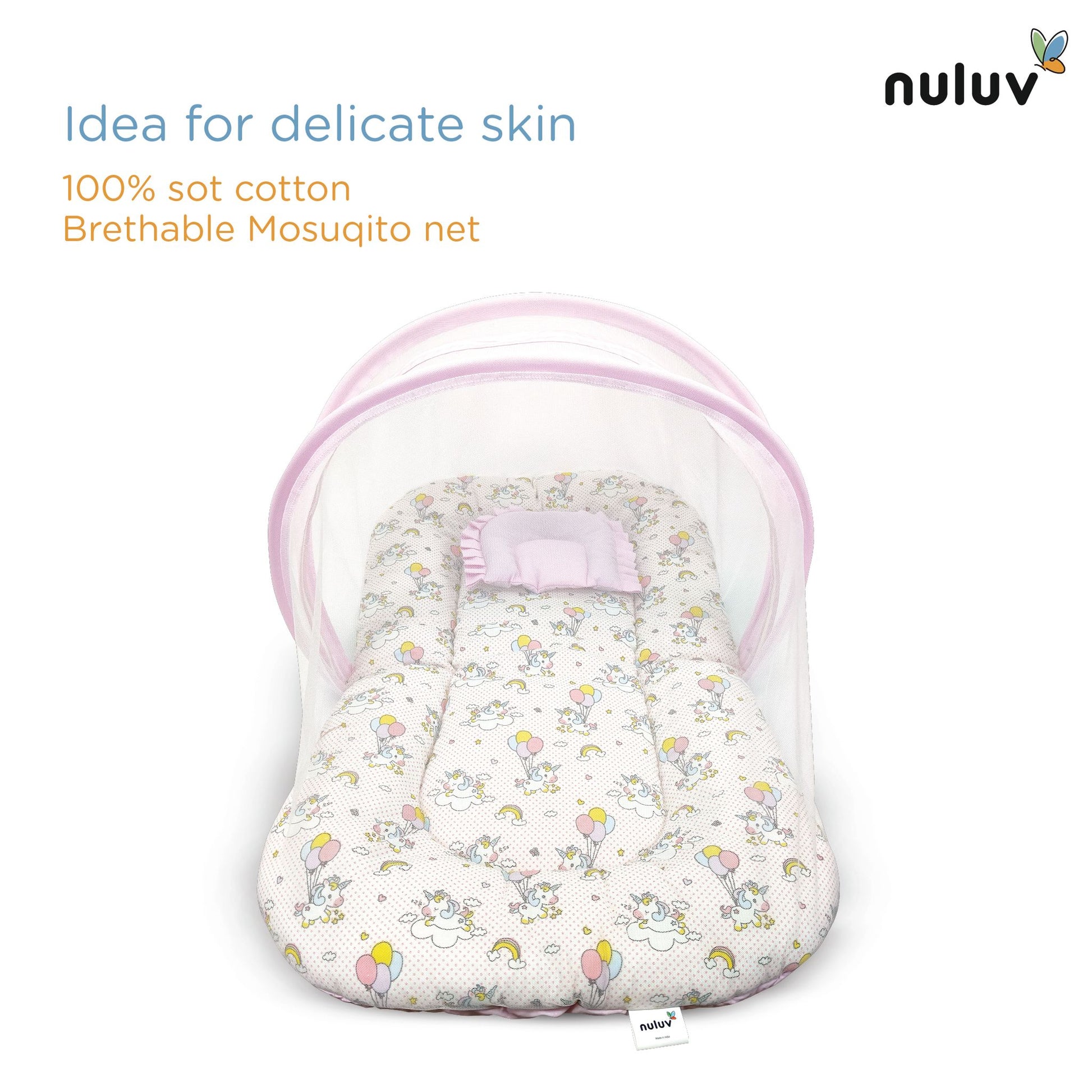 Nuluv Baby Mosquito Net Set, Foldable and Breathable Net, Zip Closure, Full Protection from Mosquitoes and Insects, 100% Cotton, Lightweight and Portable, for Babies up to 9 Months, Transport Design