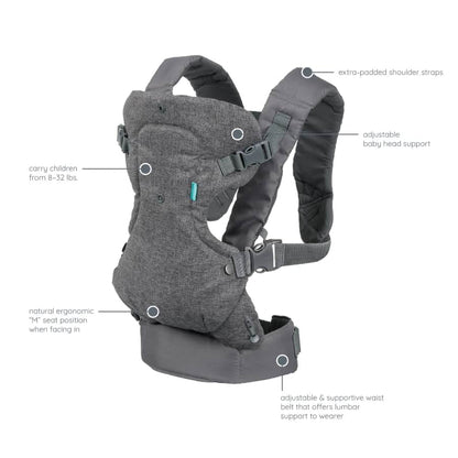 Infantino Flip 4-in-1 Convertible Carrier with Adjustable Ergonomic seat, Head Support, Shoulder Straps, and Waist Belt, 4 Ways to Carry, Can Carry (3.6-14.5 Kgs)… (Grey)