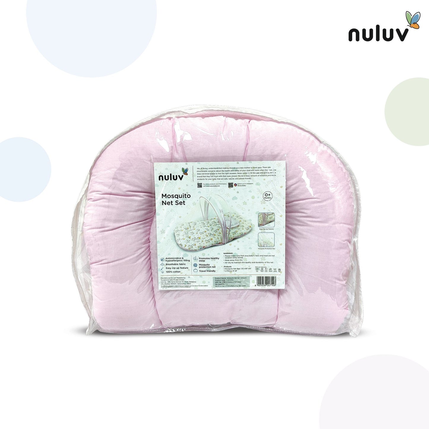 Nuluv Baby Mosquito Net Set, Foldable and Breathable Net, Zip Closure, Full Protection from Mosquitoes and Insects, 100% Cotton, Lightweight and Portable, for Babies up to 9 Months, Transport Design