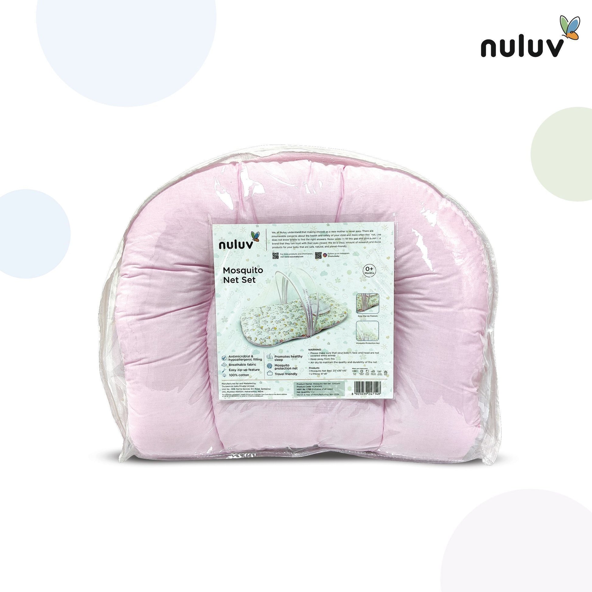 Nuluv Baby Mosquito Net Set, Foldable and Breathable Net, Zip Closure, Full Protection from Mosquitoes and Insects, 100% Cotton, Lightweight and Portable, for Babies up to 9 Months, Transport Design