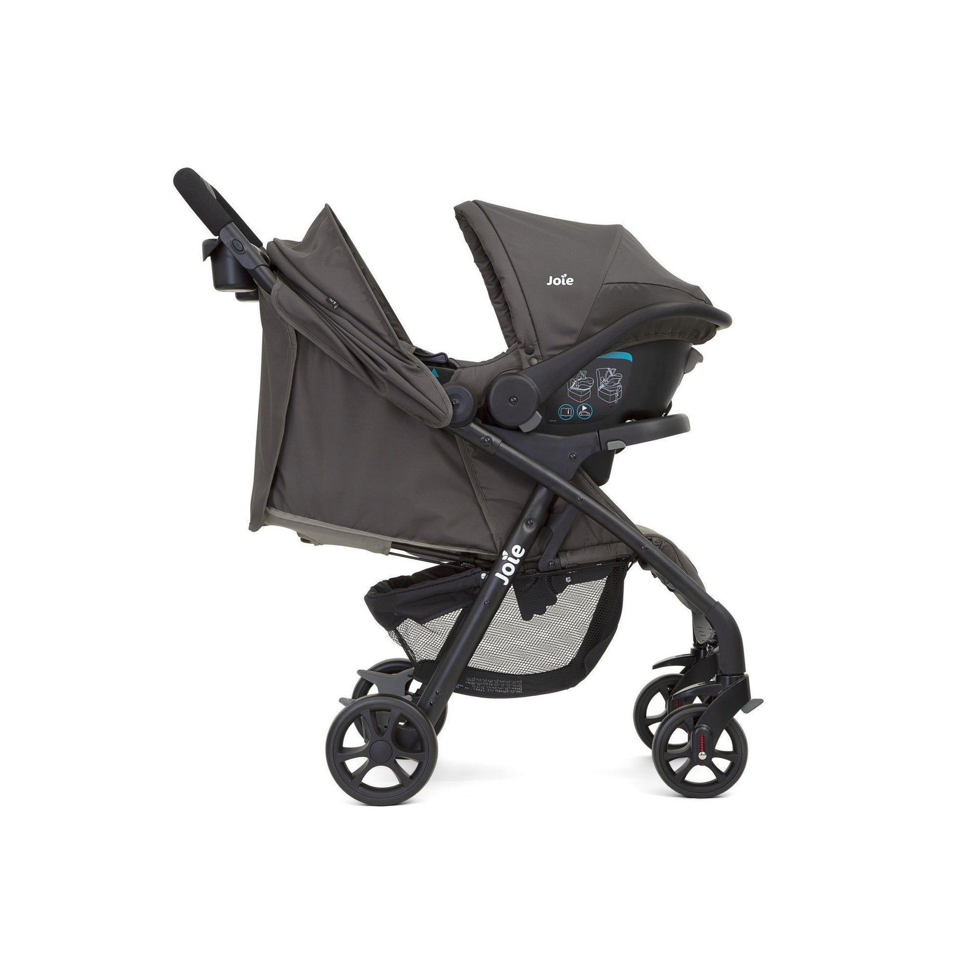 Joie muze lx Travel System, Includes juva Infant Carrier, SoftTouch 5-Point Harness, Lie-Flat Recline, UPF 50+ Canopy, All-Wheel Suspension, One Hand Fold Stroller, Usage from 0+ to 3 Years (15kg).