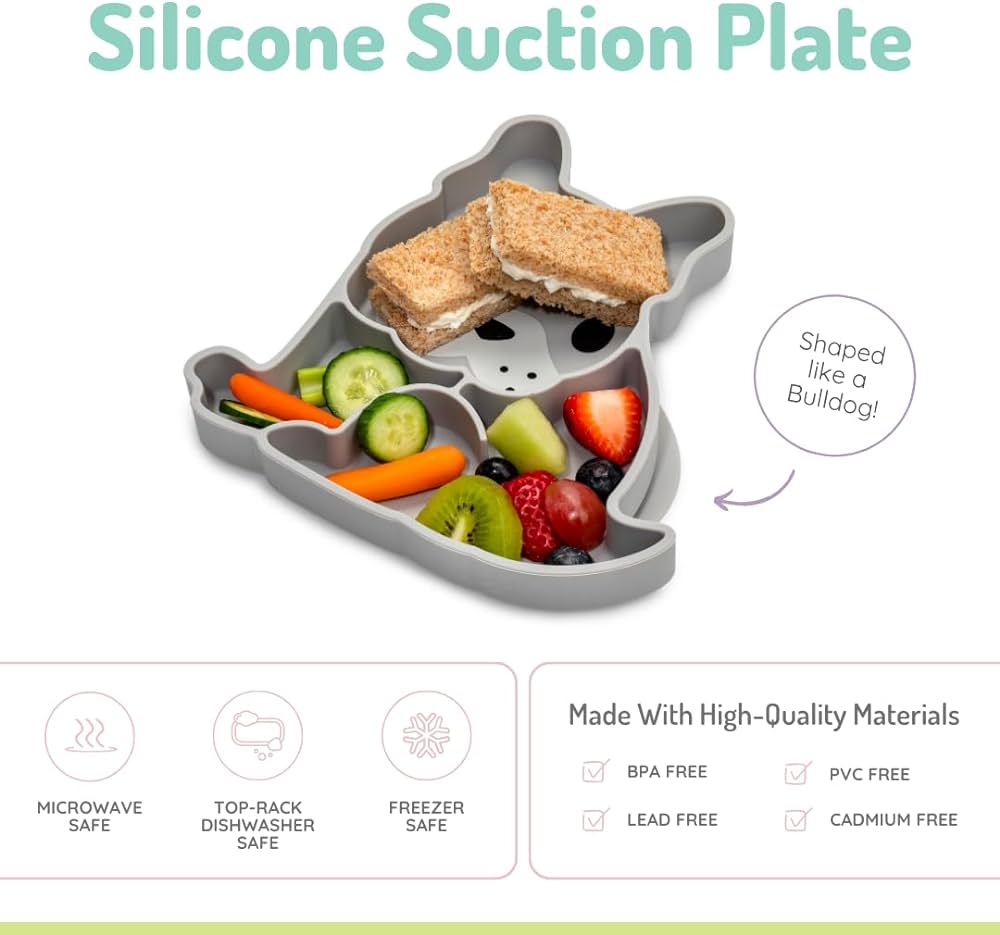 melii Divided Silicone Suction Plate - 100% Silicone, for Baby, Toddlers – BPA Free, Dishwasher & Microwave Safe (Bulldog)