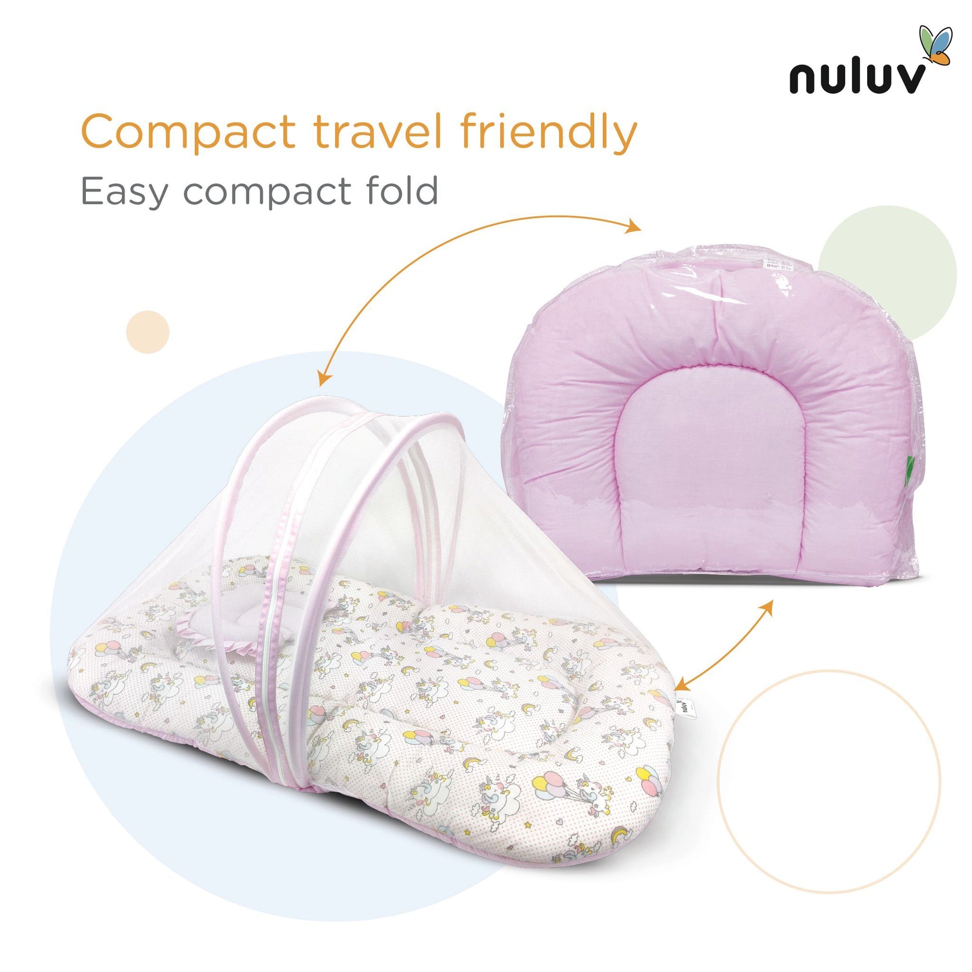 Nuluv Baby Mosquito Net Set, Foldable and Breathable Net, Zip Closure, Full Protection from Mosquitoes and Insects, 100% Cotton, Lightweight and Portable, for Babies up to 9 Months, Transport Design