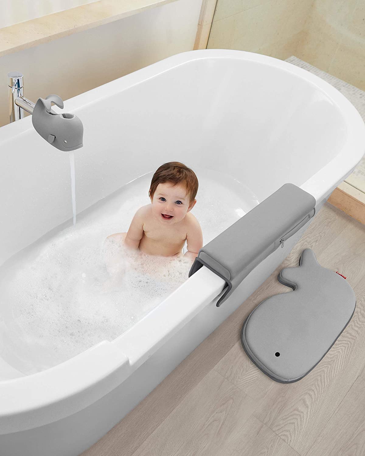 Skip Hop Moby Bath Essentials - Bath Spout Cover, Bath Kneeler, Bath Elbow Rest, Bath Mat (Grey, Set of 4)